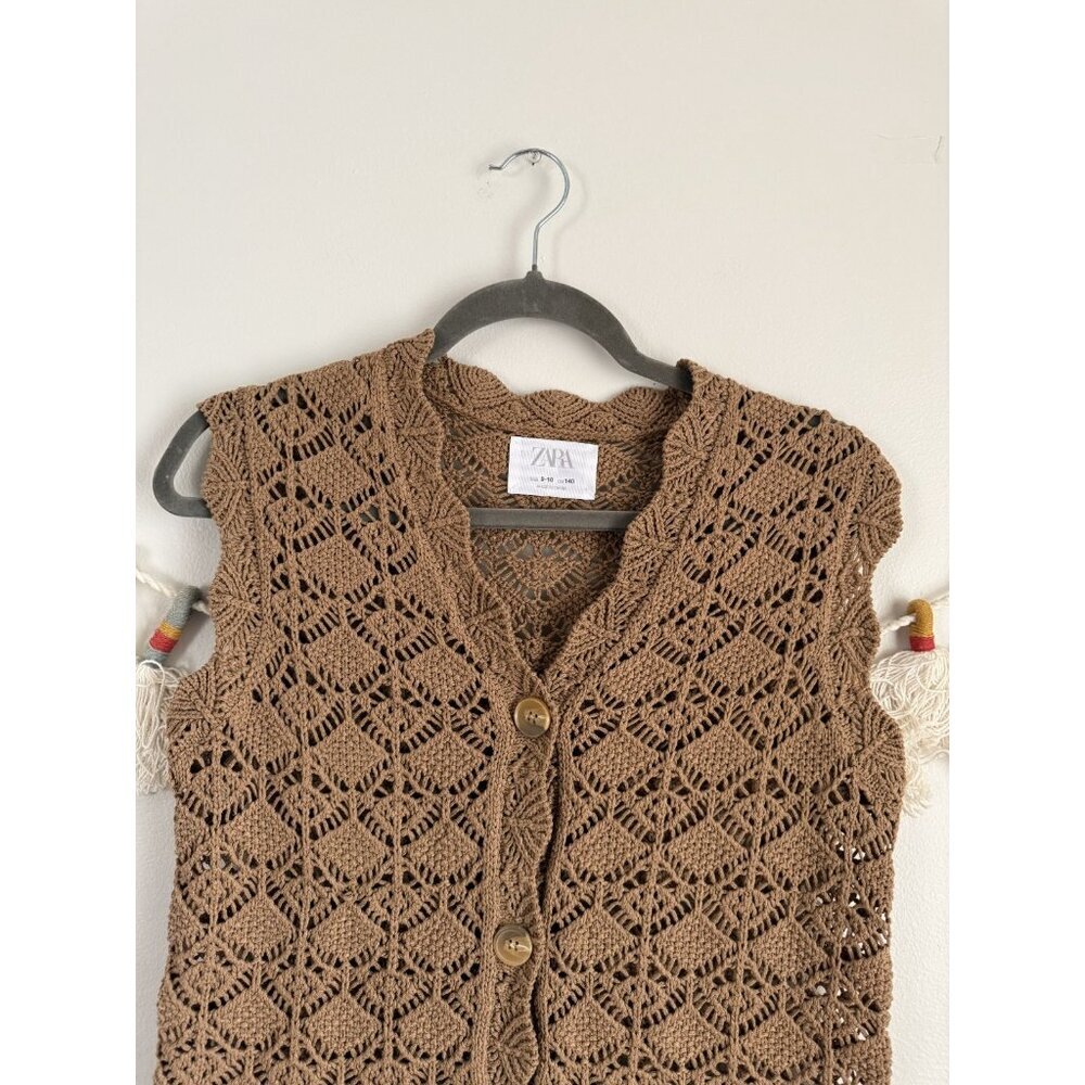 Zara Kids Crochet Open Knit Button Down Sleeveless Cardigan Brown Cottage 9/10 - Picture 5 of 7
